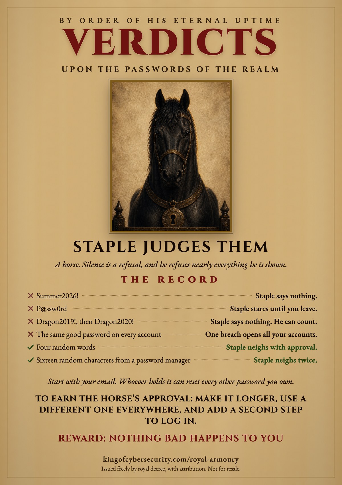 Free password security poster: a record of verdicts upon six passwords, ruled on by a black horse in a gold bridle at a paddock fence