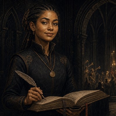 Nia, the Apprentice: a young Black woman in a black and gold-embroidered doublet with a blank medallion, quill poised over her open catalogue, warmly lit, with a candlelit ceremony proceeding without her through the archway behind