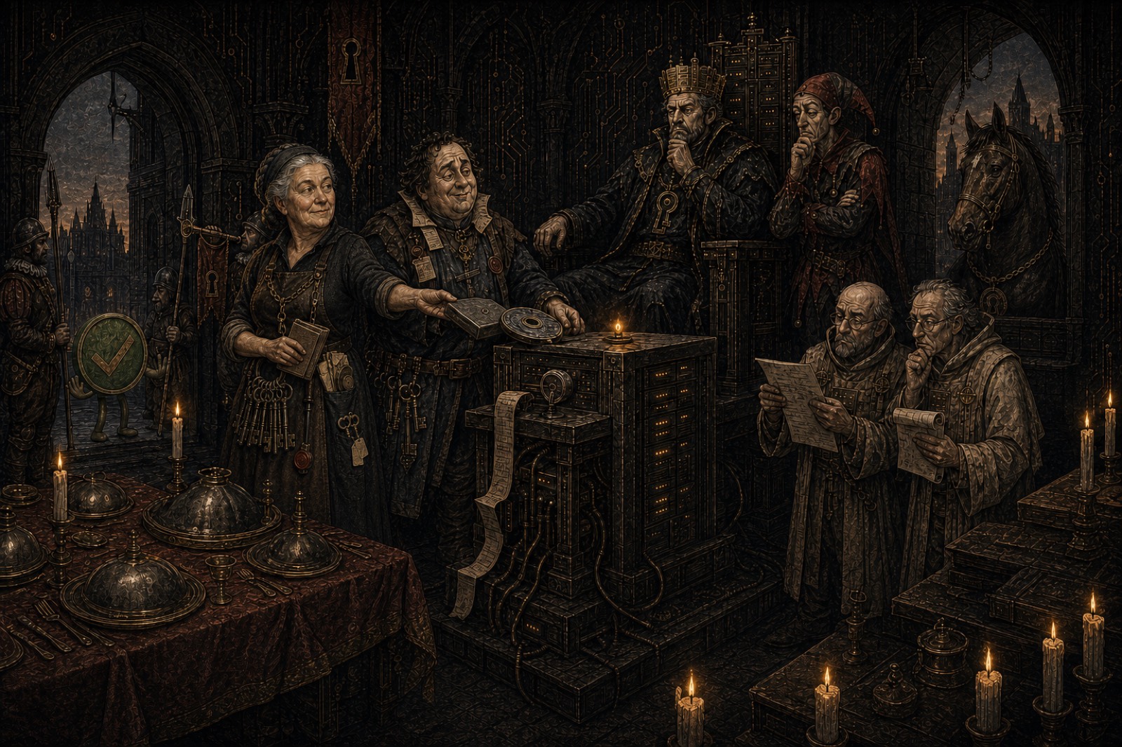 The Feast of the Restore at the court of the King of Cybersecurity: Dame Maud smiles beside the Idiot Admin as he operates the restoring engine before the King, the learned read their scrolls, a green tick shield stands ready, Staple watches from the doorway and the feast waits under silver covers