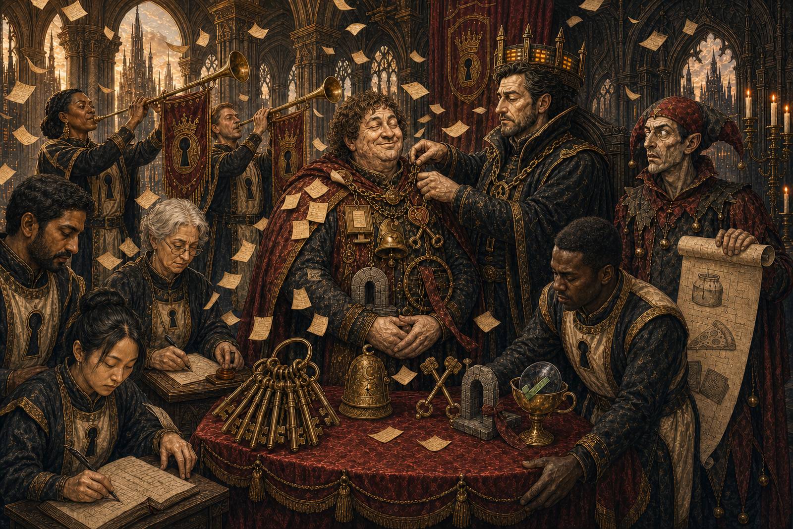 The honours ceremony of the Idiot Admin: the beaming honouree, hung with bells, keys and a magnet, receives another honour from the King of Cybersecurity beneath his glowing server-rack crown, as sticky notes rain down through the hall; two trumpeters sound a fanfare, three scribes record the proceedings at the left, the Court Fool looks on appalled, a courtier unrolls the scroll of the oracles' wisdom, and the awards wait on a red velvet table beside the great keyring and the Sacred Chalice bearing a green tick