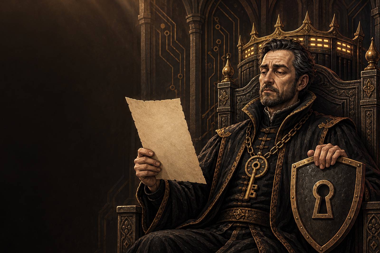 His Eternal Uptime, the King of Cybersecurity, seated on his gothic throne beneath the server-rack crown with its band of lit amber racks, reading a parchment, wearing a black and gold robe with a great gold key pendant, one hand resting on a keyhole shield