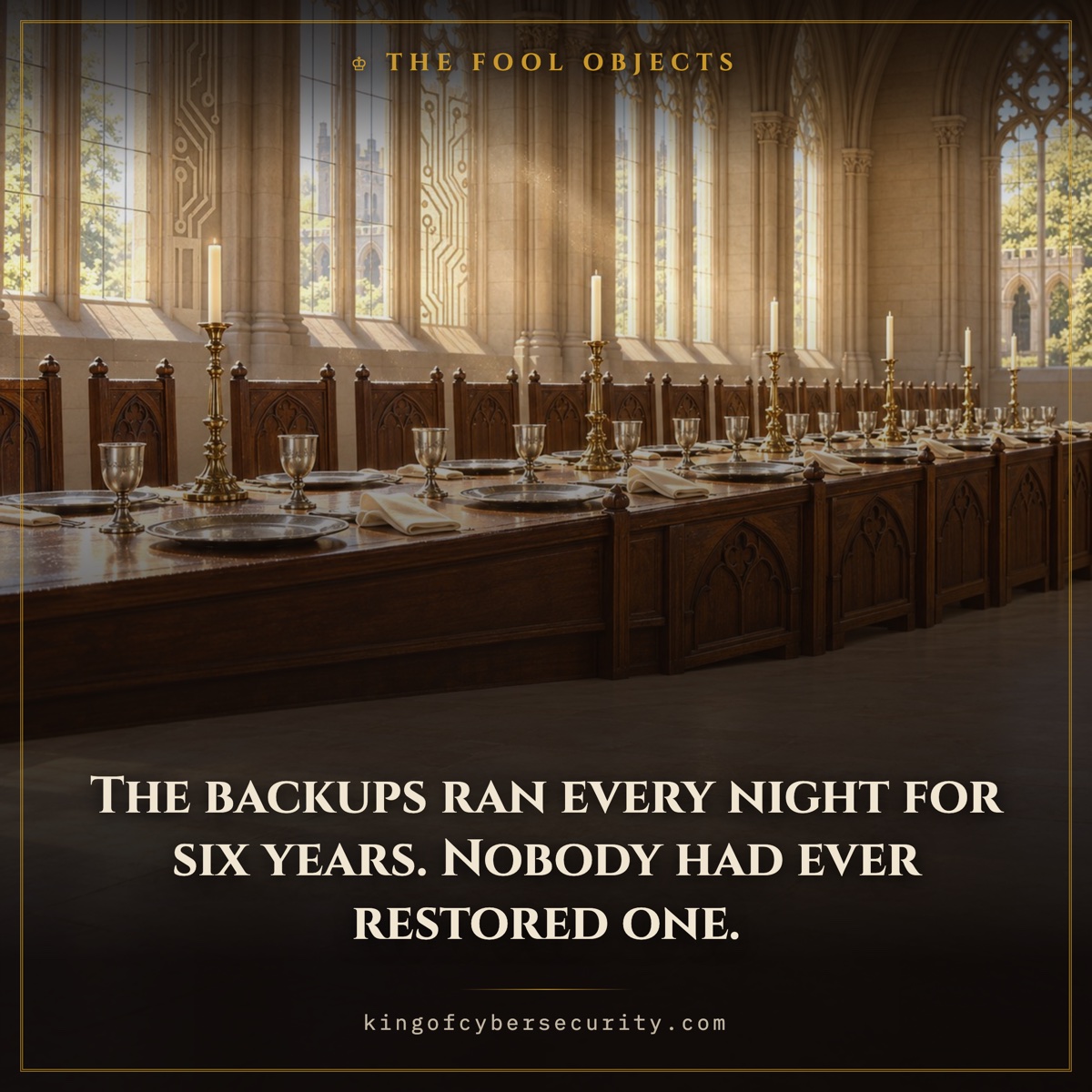 Backup meme: a long banqueting table laid immaculately in a sunlit hall, every chair empty, nobody there. Caption: The backups ran every night for six years. Nobody had ever restored one.