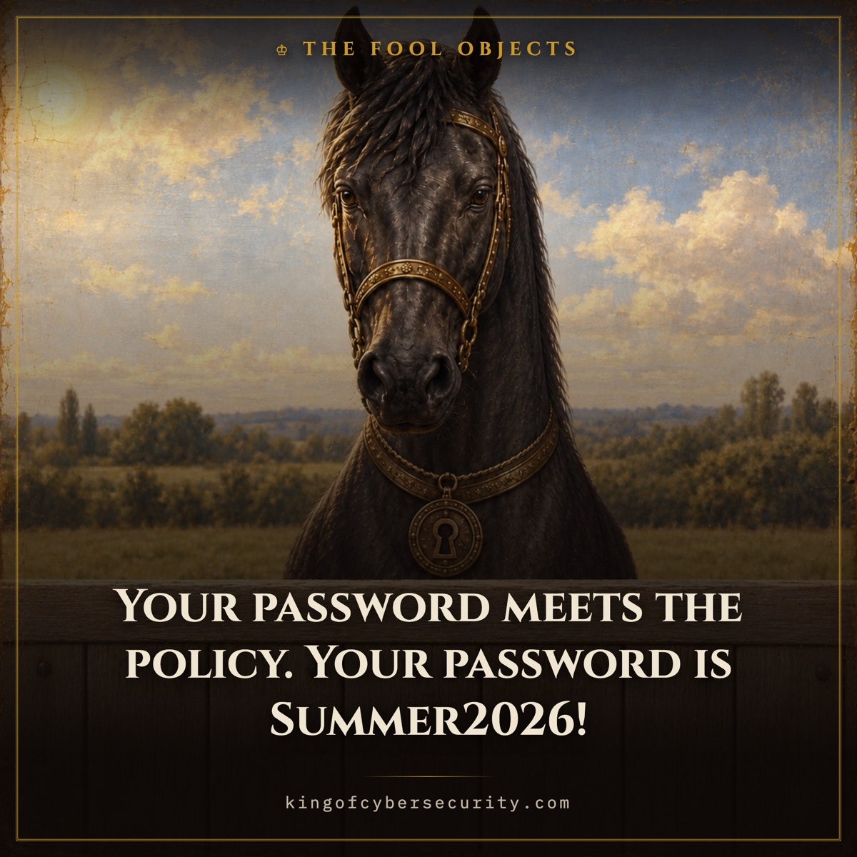 Password meme: a black horse in a gold bridle looking over a paddock rail with total indifference. Caption: Your password meets the policy. Your password is Summer2026!