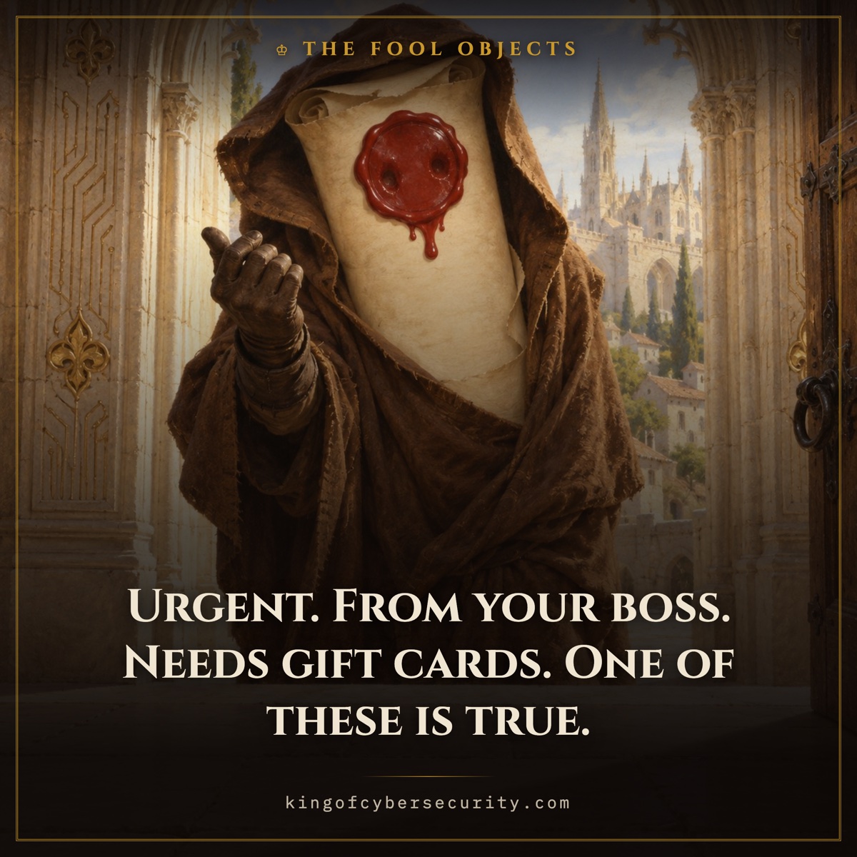 Phishing meme: a hooded rogue with a red wax seal for a face raising an urgent hand in a bright doorway. Caption: Urgent. From your boss. Needs gift cards. One of these is true.