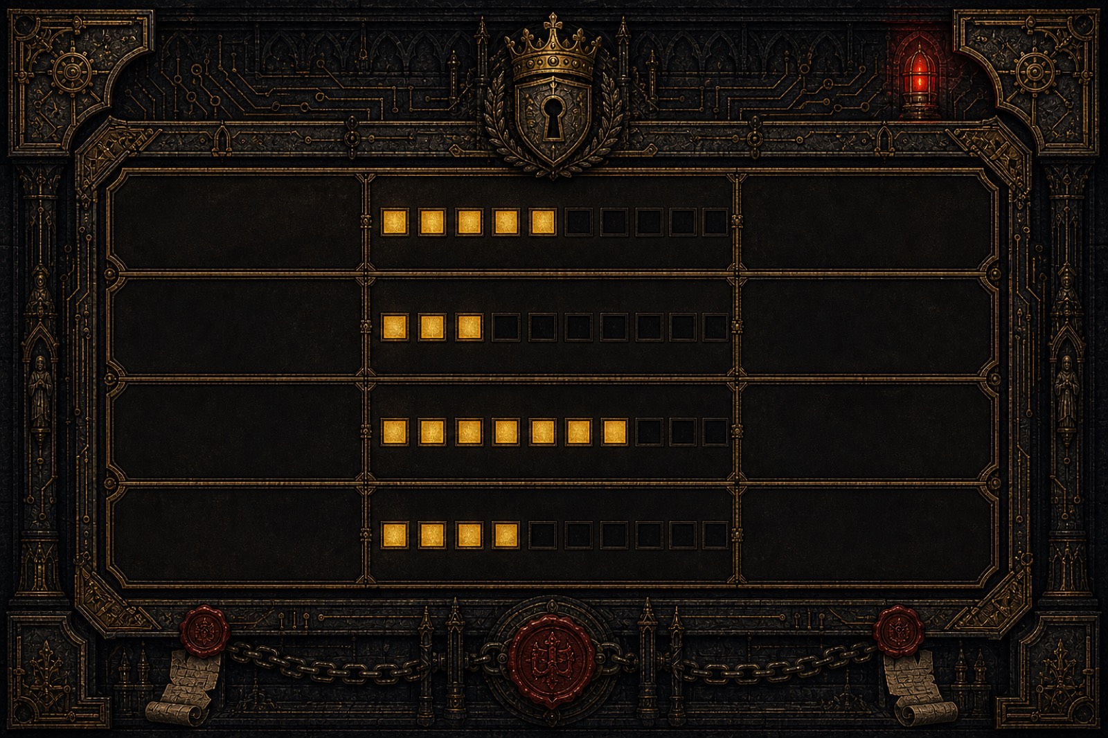 The Royal Threat Ledger of the King of Cybersecurity: an ornate dark board of glowing amber gauges beneath a crowned keyhole crest, flanked by wax seals, chains and a burning red alarm lamp