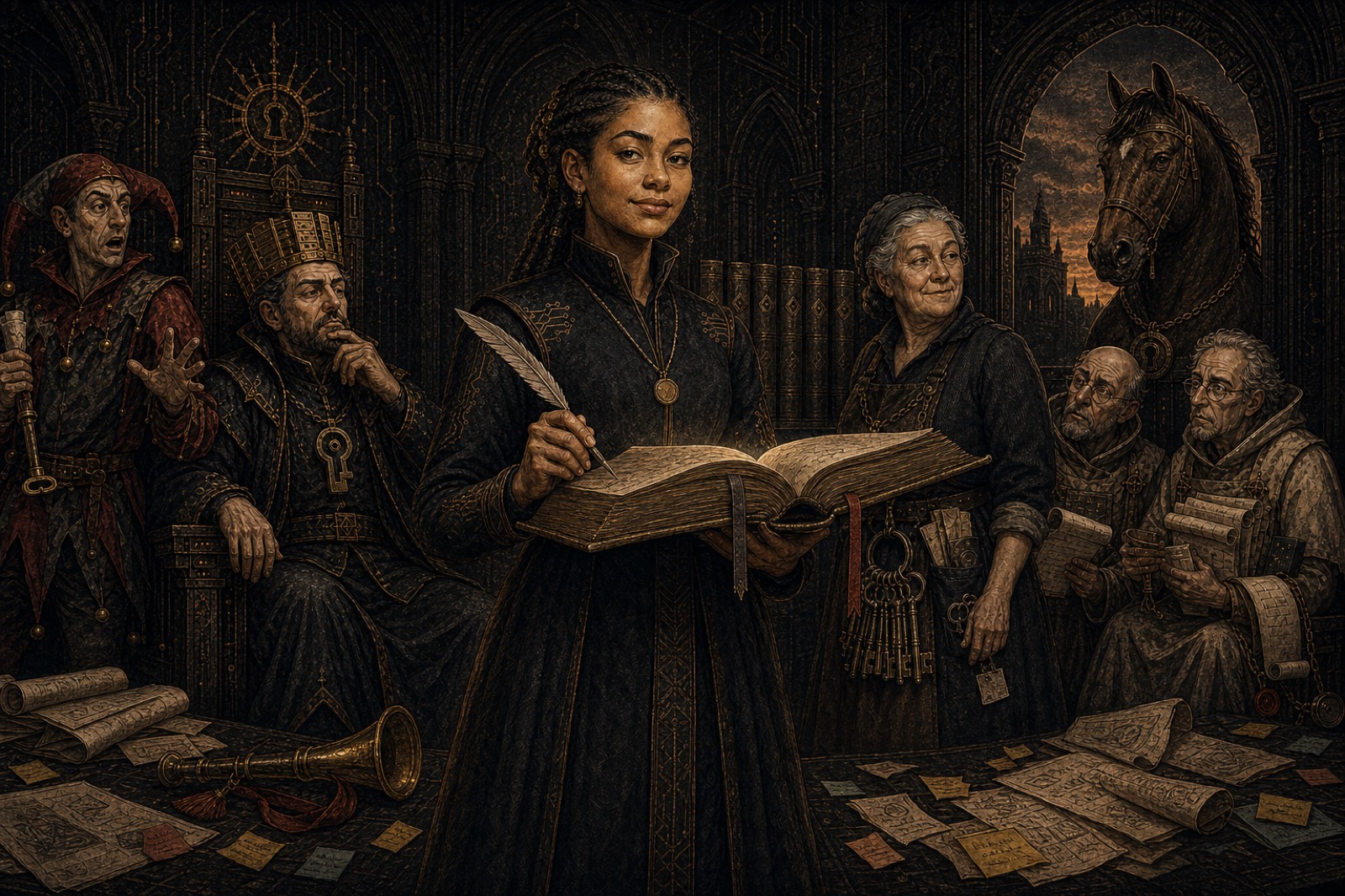 Nia the Apprentice, a young Black woman in a black and gold doublet, reads an entry from her great catalogue at the warm bright centre of the gothic throne room, while the King ponders on his throne, the Court Fool objects with bell in hand, Dame Maud smiles with a mentor's pride, the learned clutch their scrolls, Staple the horse listens through the window, and a trumpet lies abandoned on the floor among fallen sticky notes