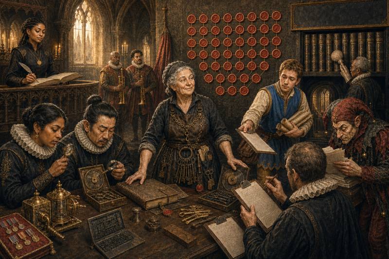 Dame Maud stands with her ring of keys before a wall of forty-one red wax seals while ruffed auditors examine the evidence with magnifying glasses and clipboards