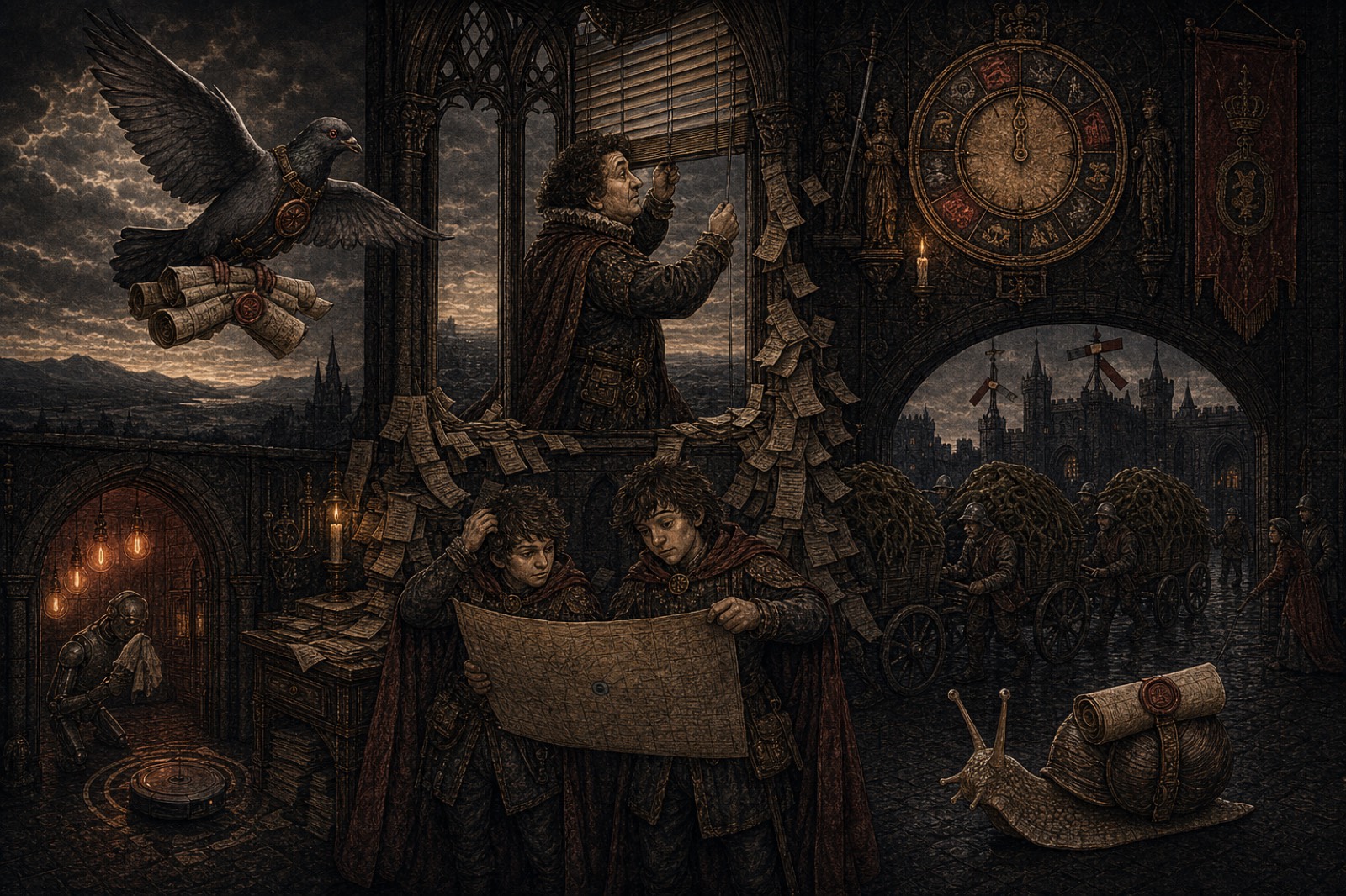 The Great Silence at the court of the King of Cybersecurity: Gateway the carrier pigeon flies in bearing the Daily Paddock in strips, the Duke peers through his window blinds, the young princes hold a paper map sideways, the kelp wagons roll through the arch, and Sir Reginald the snail makes his own time