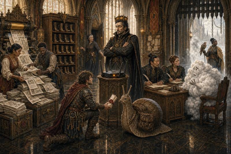 The royal safety measures in production: the press prints the internet into a mountain, the shelf of left boots stands ready, the King stares down the router, and a cloud is interviewed at the desk