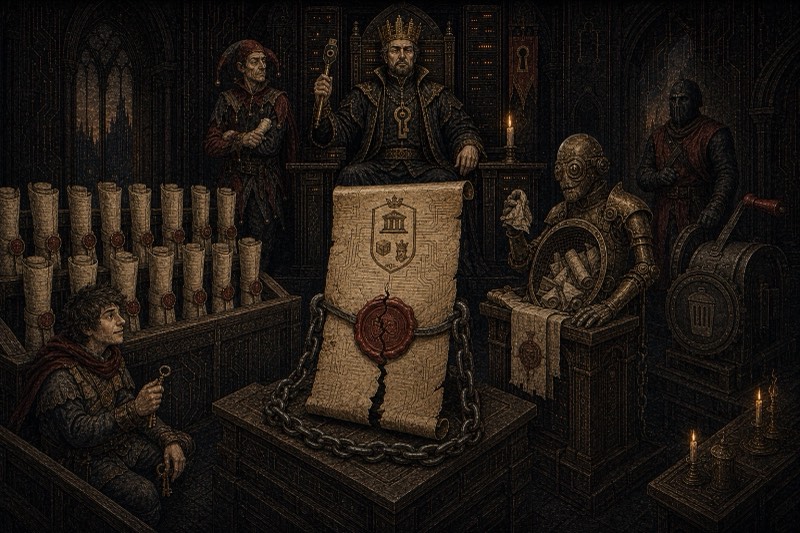 The trial of the phishing email: the accused scroll stands in chains with a wax seal before the King, the Fool, the Squire and a jury of rolled receipts